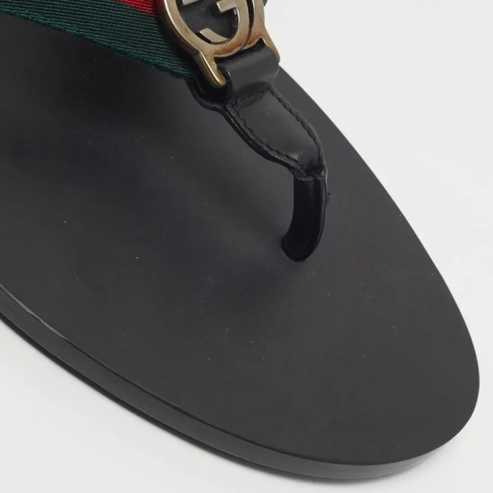 Gucci  Size 41 Black Leather Web Strap Interlocking G Thong Flats